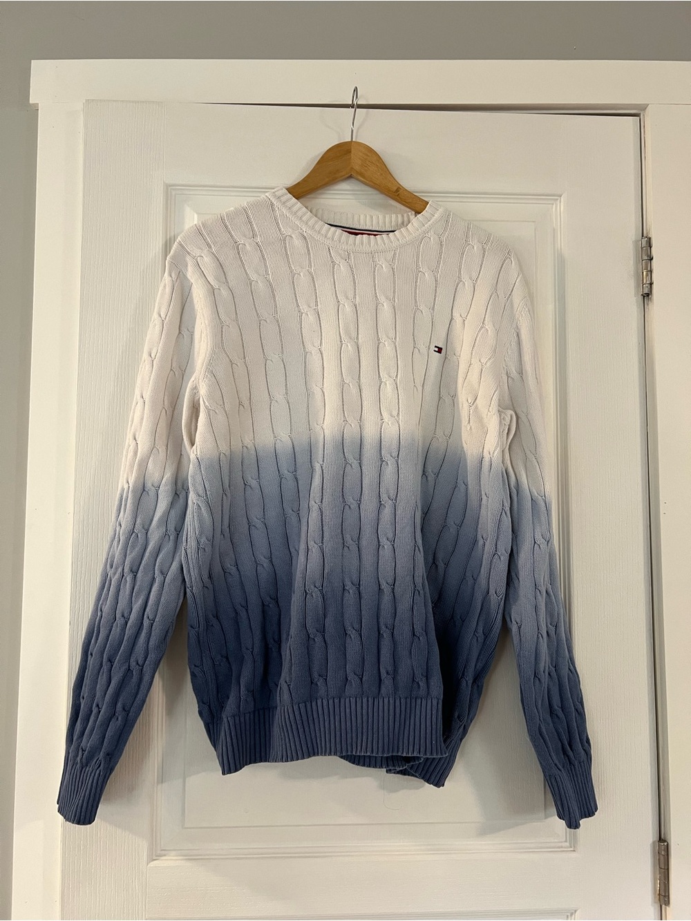 Tommy Hilfiger White to Blue Ombre Cable Crew Sweater